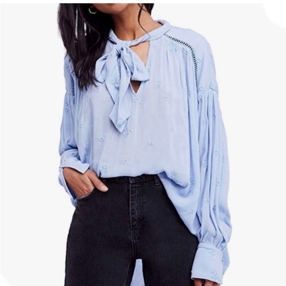 Free People Wishful Moments Tie Neck Blouse in Light Blue, size M